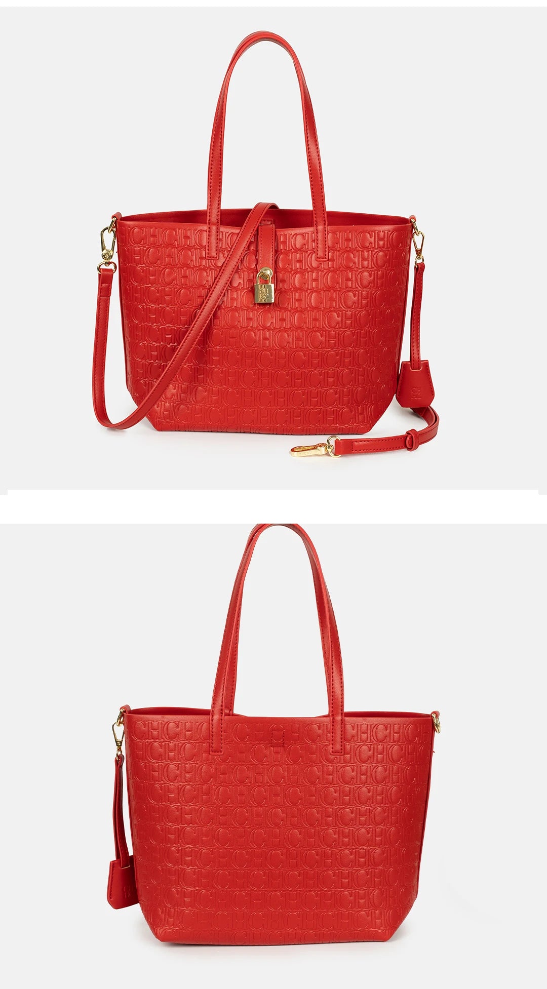 CH Embossed Monogram Tote Handbag Detachable Crossbody Strap Gold Lock Hardware Daily Fashion Women Bag