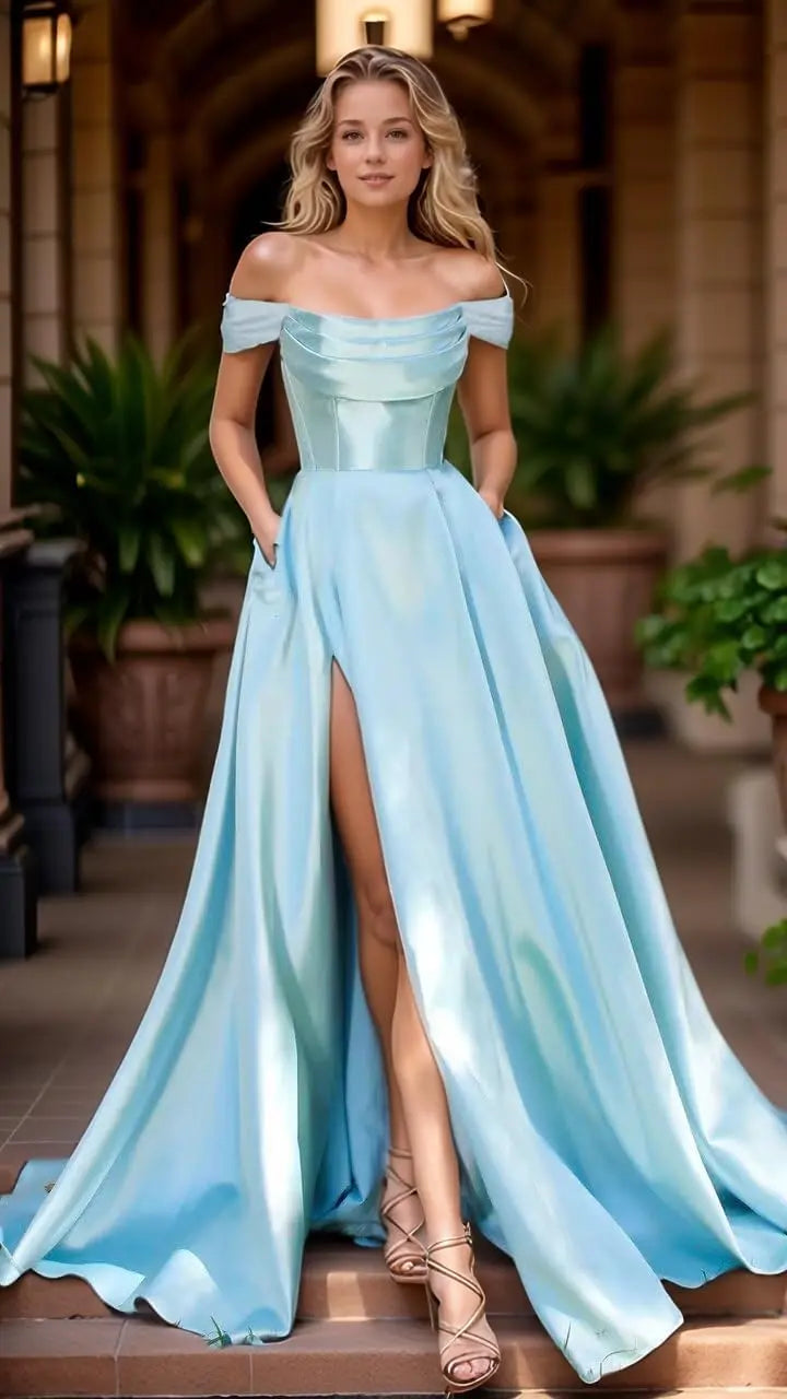 Satin Prom Dresses with Slit Strapless A Line Corset Ball Gowns Off Shoulder Formal Evening Gowns with Pockets Party Dresses
