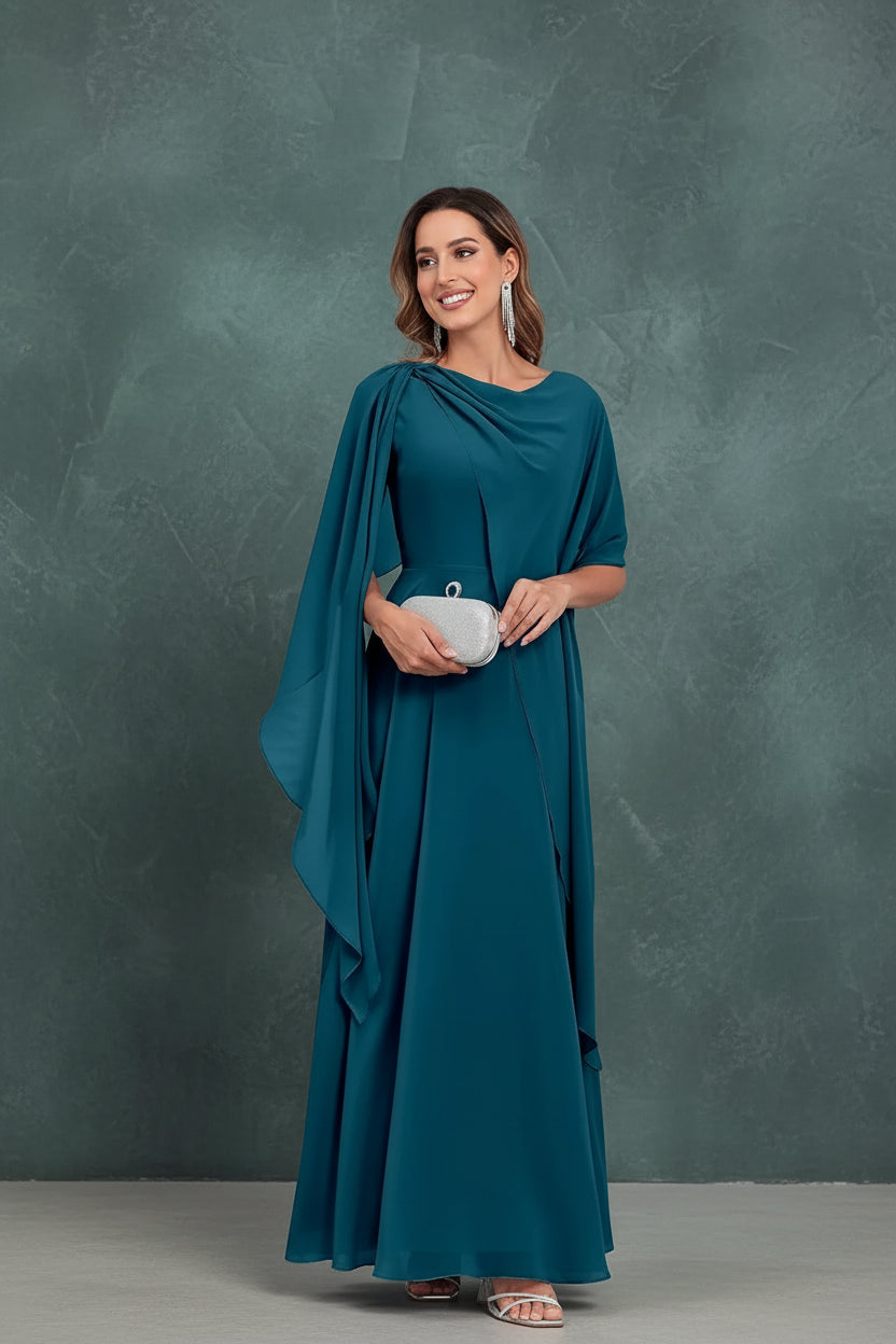 Scoop Neck Mother of The Bride Dresses Cape Shawl Ruffle Long Formal Evening Gowns Chiffon A Line Wedding Guest Bridesmaid Dress