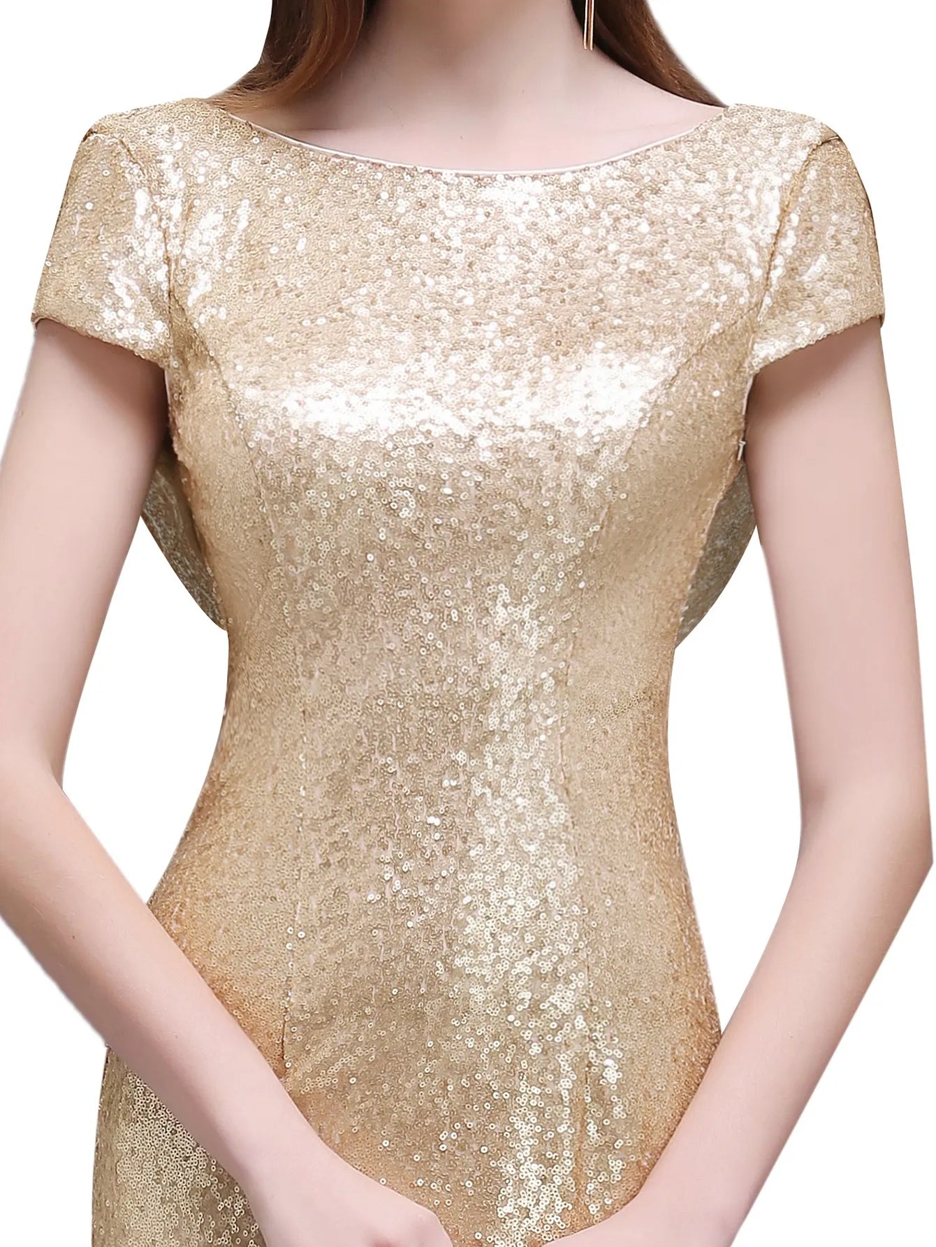 Women Bridesmaid Dresses Formal Wedding Party Guest Gown Mermaid  Sequins Short Sleeves O Neck Backless Rose Gold Champagne