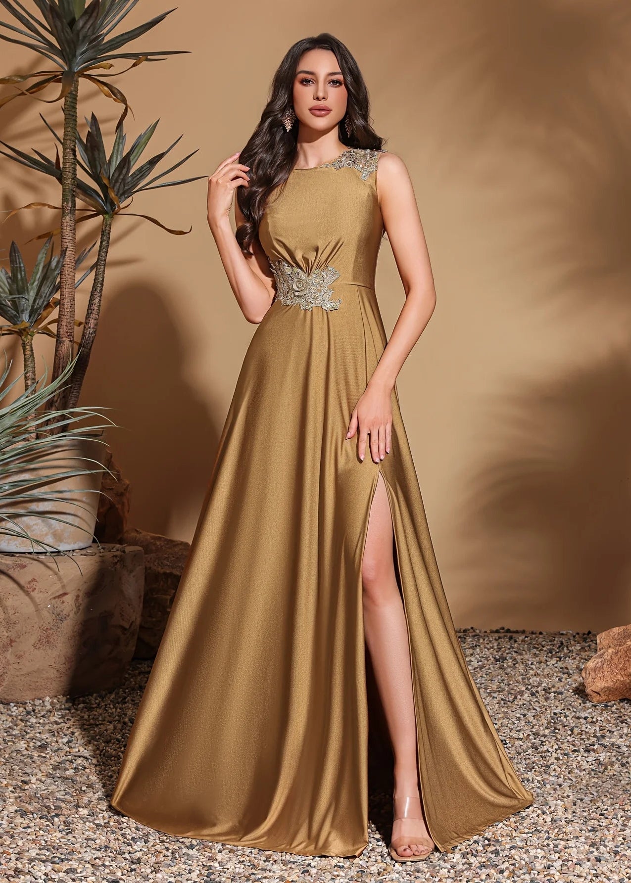 Asymmetrical applique sleeveless round neck slit back floor-length gown, women's long dress, party dress