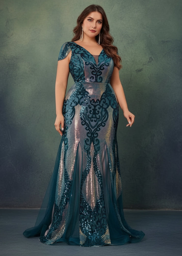 Plus Size Luxurious Short Sleeve Sequin Formal Evening Dress Women Elegant  Mermaid Party Cocktail Gown Special Event