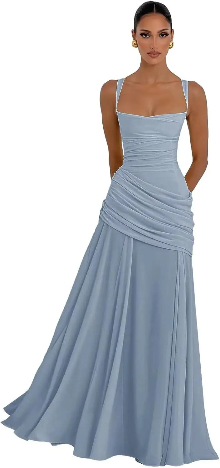 Elegant Chiffon Prom Dresses for Women Spaghetti Straps Long Bridesmaid Dress Square Neck Formal Evening Party Gowns