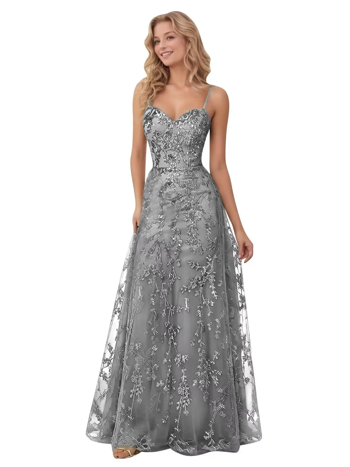 Tulle Formal Dress Laces Spaghetti Strap Sparkly Prom Dress for Women Long Evening Party Gown Formal Dress Women Elegant