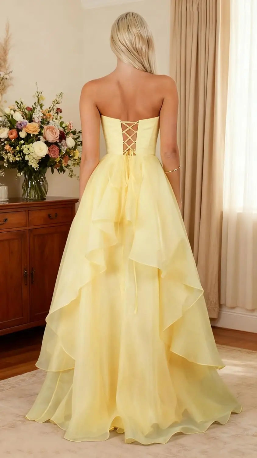 Strapless Tiered Prom Dresses Long Ruffle Tulle A Line Evening Ball Gown Dresses with Slit