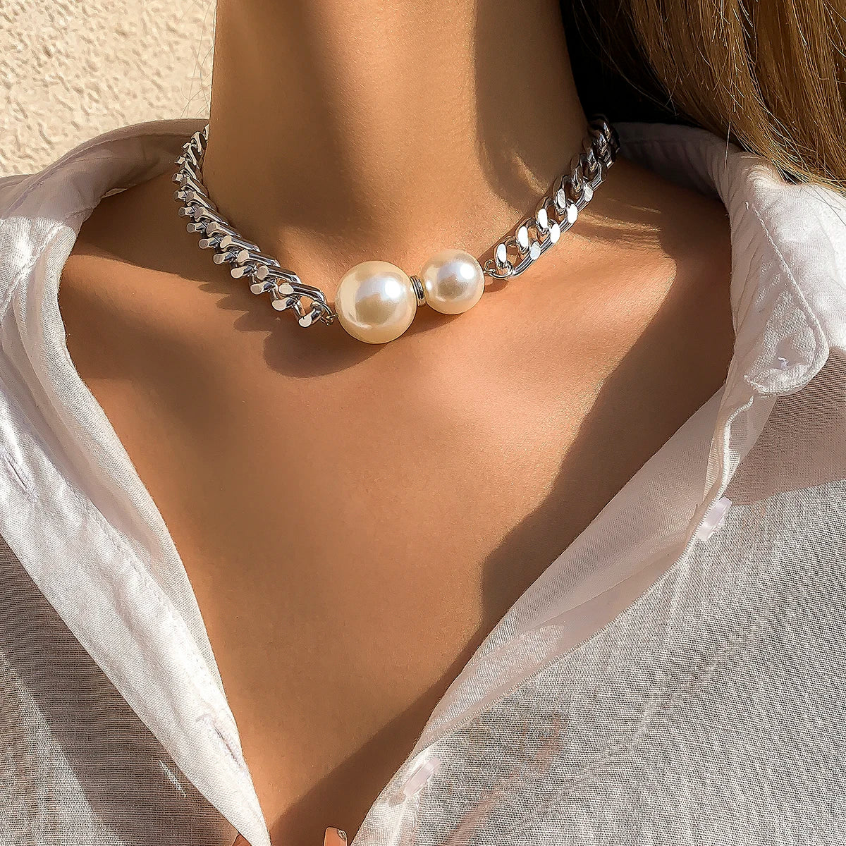 Vintage Punk Cuban Chains Necklaces Women Gothic Imitation-Pearl Pendant Necklace Girl Chokers Fashion Accessories Jewellery