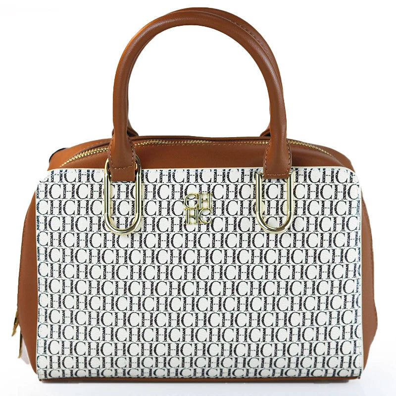 CH Luxury Boston Bag Women Woven Texture PU Leather Top Handle Handbag Metal Hardware Zipper Shoulder Bag for Daily Commute