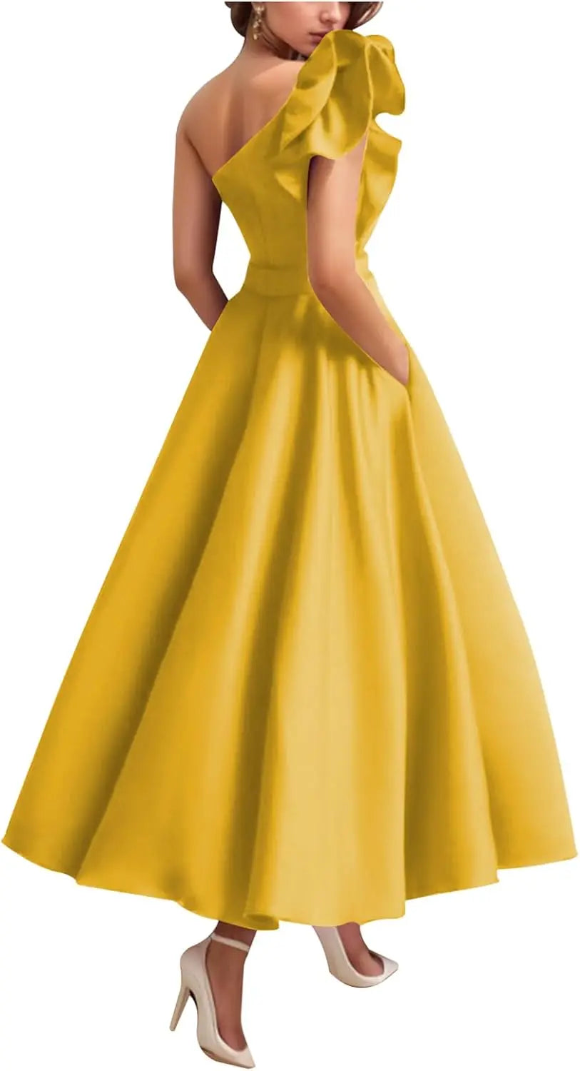 Women's One Shoulder Elegant Evening Dress with Pockets Satin Tea Length A Line Formal Wedding Guest Dress Prom Dresses