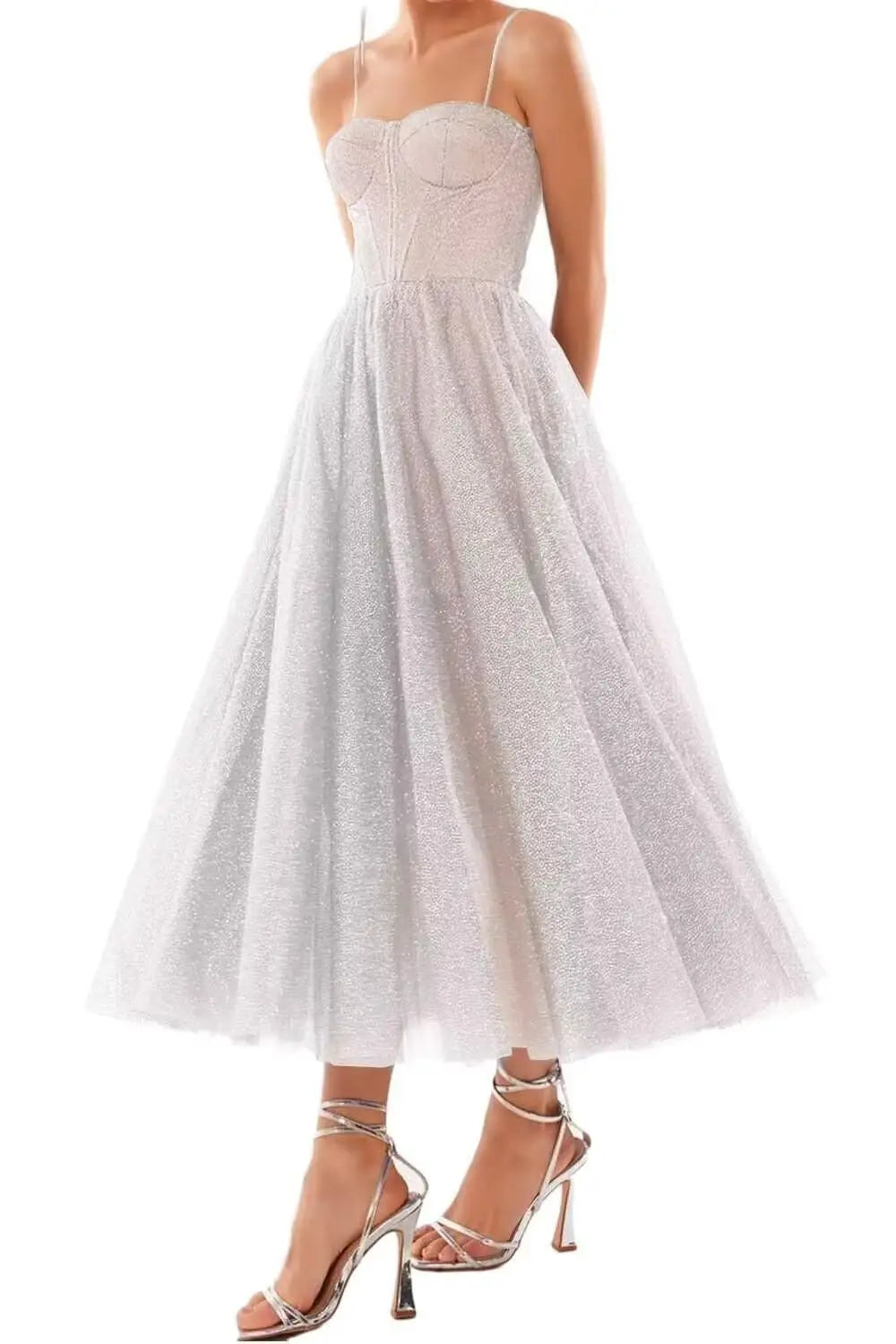 A Line Glitter Tea Length Formal Evening Cocktail Party Dresses for Women, Sequined Spaghetti Midi Corset Prom Gowns Cocktail