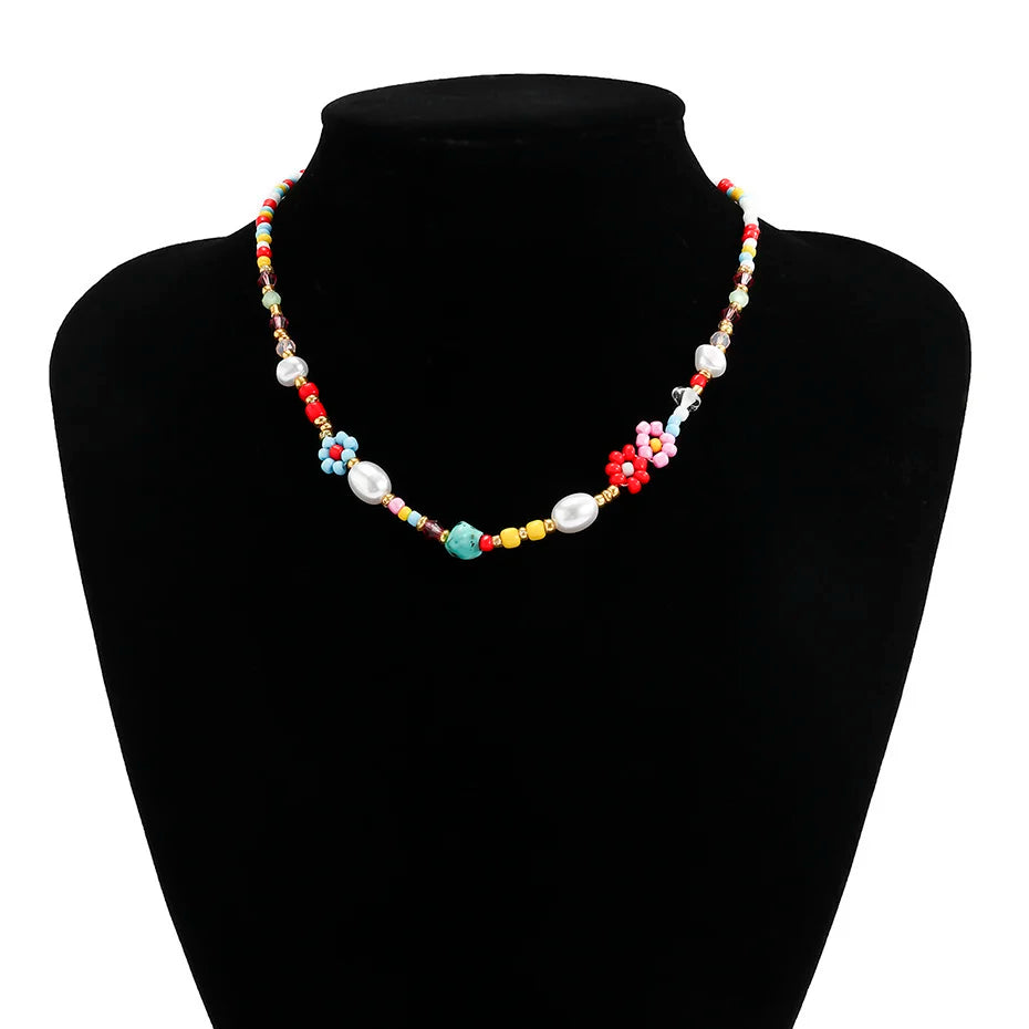 Salircon Baroque imitation Pearls Cute Flower Colorful Handwoven Beaded Short Clavicle Chain Choker Necklace Women Girls Jewelry