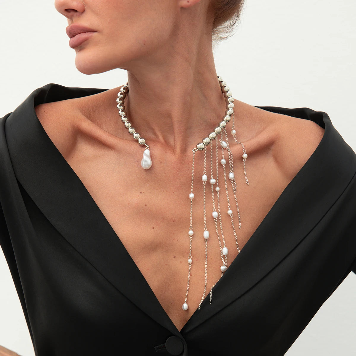 Salircon Exquisite Imitation Pearl Tassels Open Choker Necklace Women Fashion Long Tassel CCB Beads Clavicle Chain Jewelry 2025