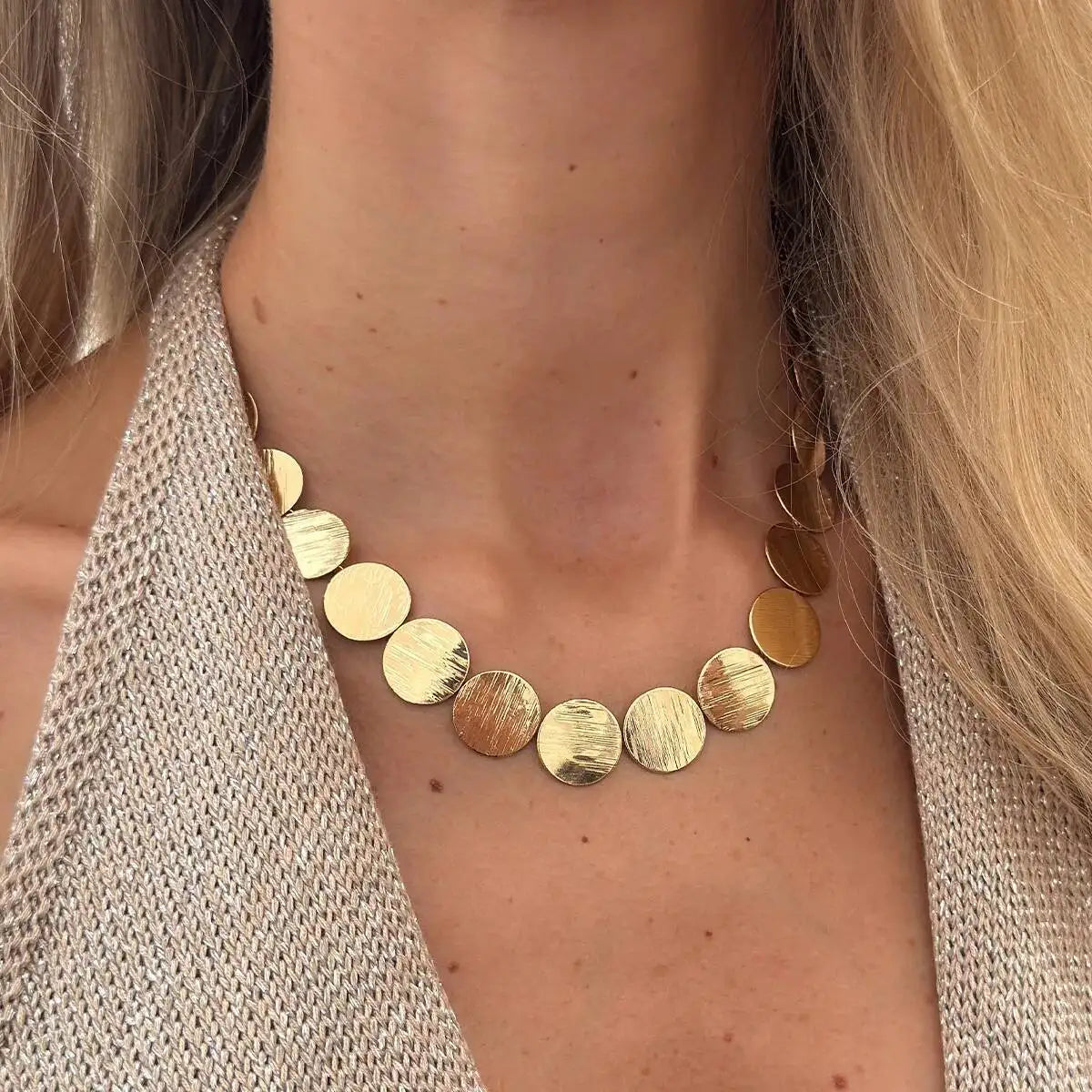 KunJoe Elegant Metal Sequins Chokers Necklaces for Women Minimalist Geometric Round Clavicle Chain Fashion Neck Jewelry Gifts