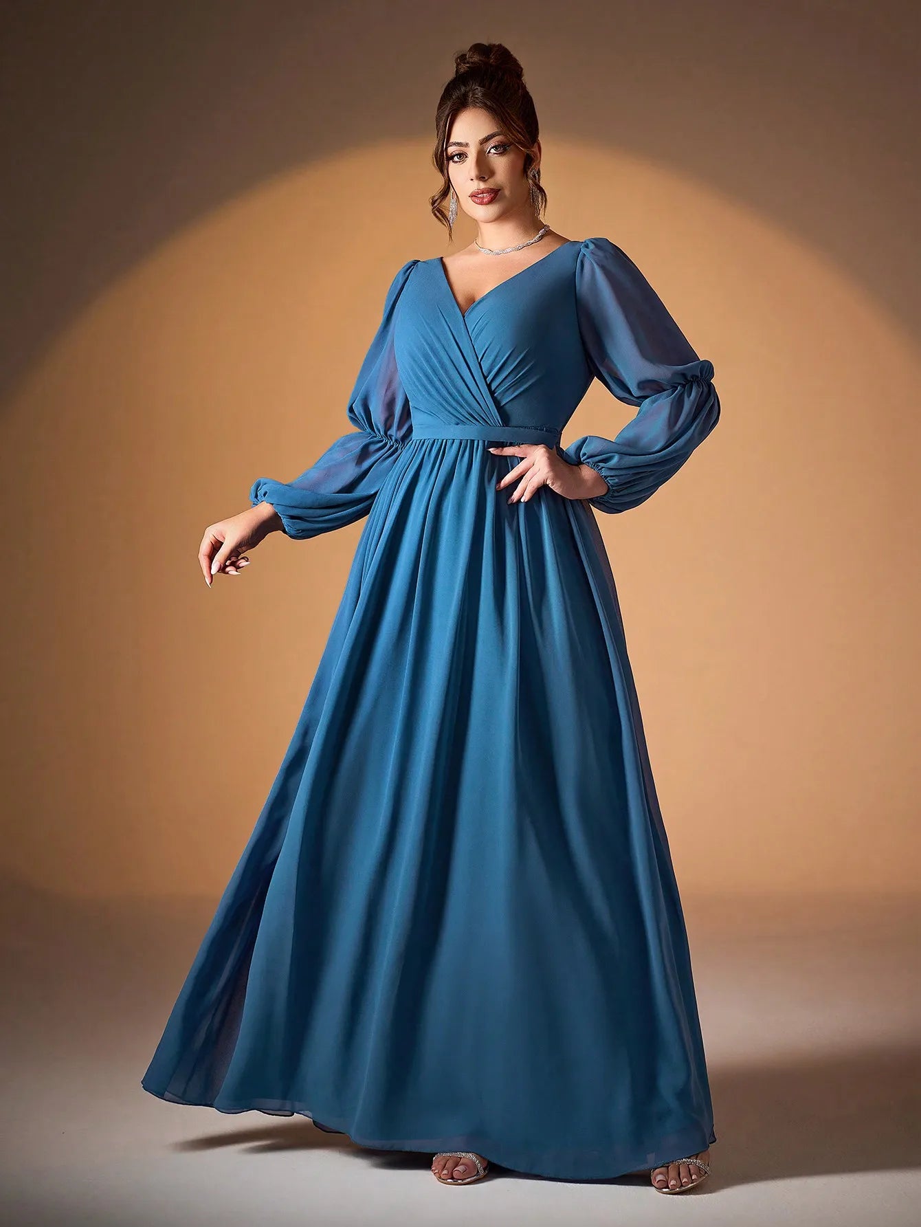Mgiacyv-neck pearl chiffon double lantern long-sleeved grand swing high-end evening dress
