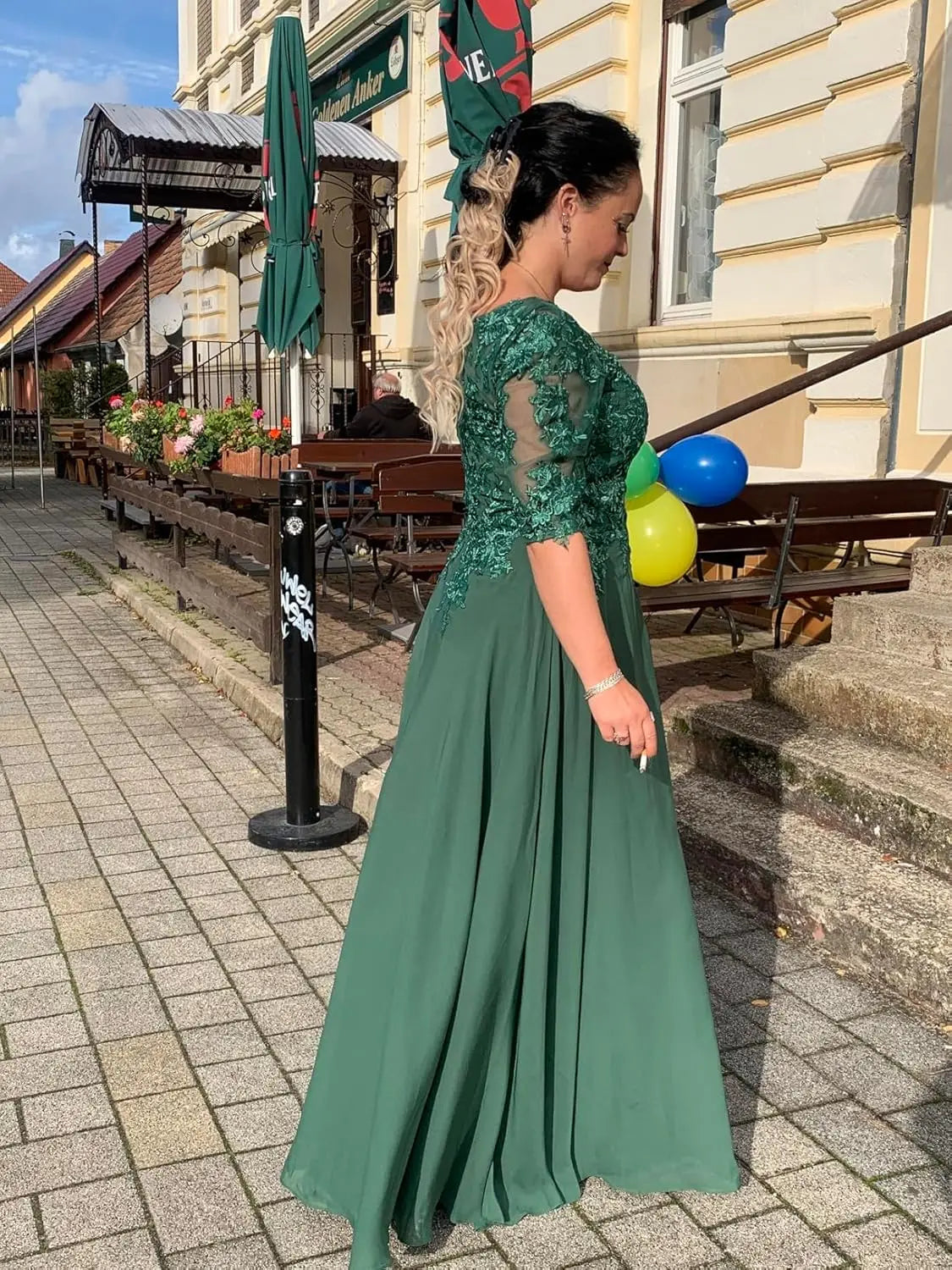 Elegant V Neck Lace Applique 3/4 Sleeve Mother of The Bride Dresses Chiffon A-Line Formal Evening Party Gowns