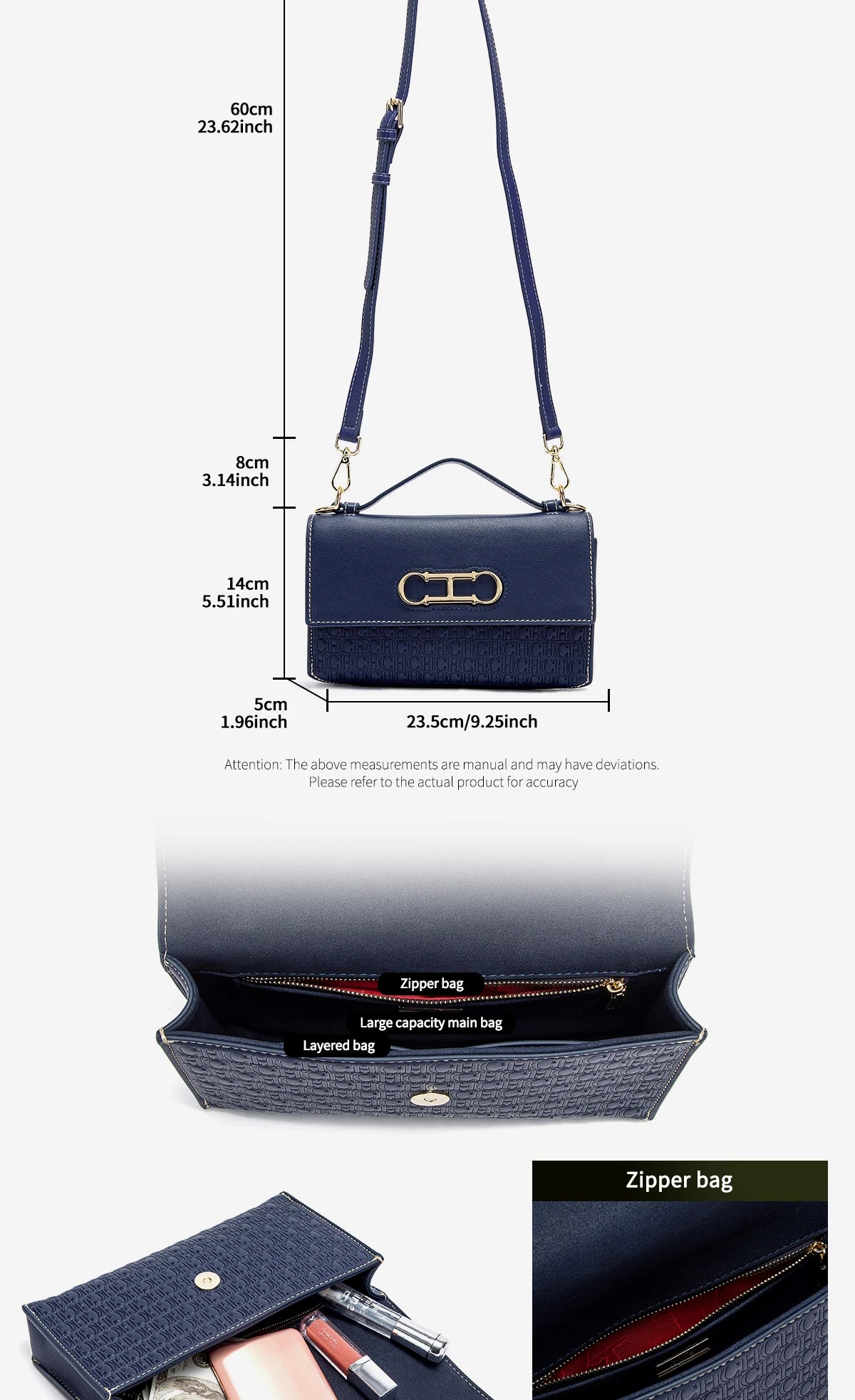 CH Women's Classic Retro Fashion Shoulder Bag Light Luxury Popular Classic Models Large Capacity Brand Logo Buckle Crossbody Bag