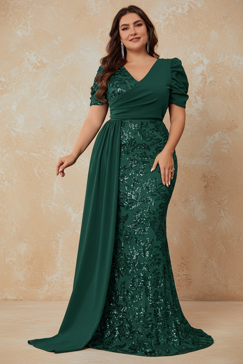 Plus Size Elegant V-neck Sequins Evening Dress Women Short Sleeves Mermaid Formal Luxury Party Streamer Prom Dress