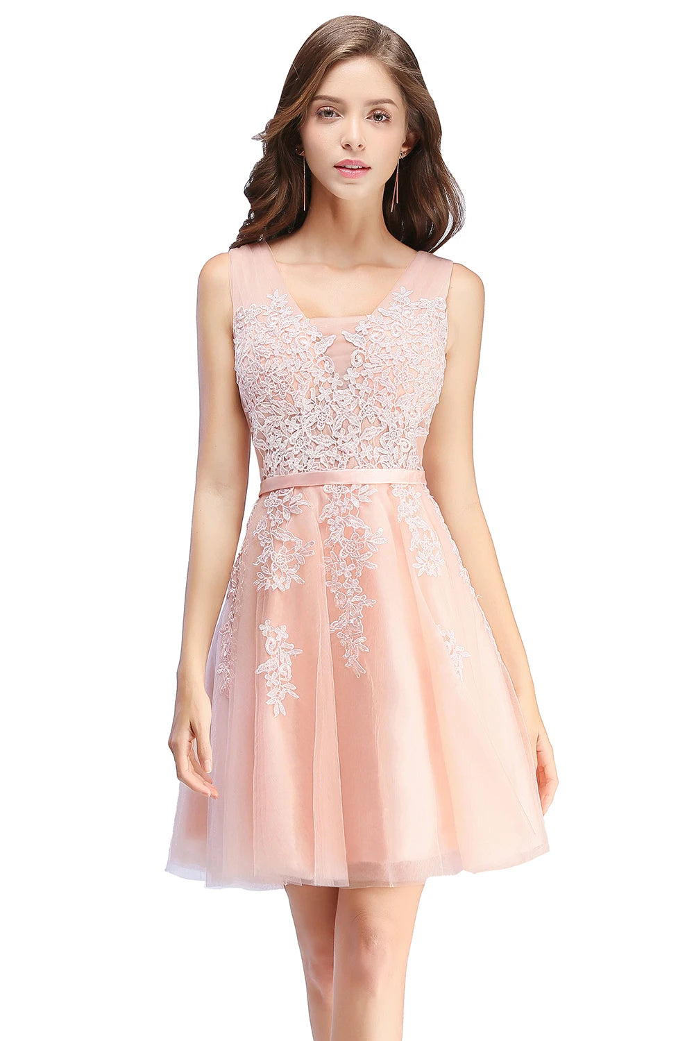 BABYONLINE Burgundy Bridesmaid Dresses with Lace Appliqué, V-Back & Flowy Tulle Skirt for Weddings,Elegant Short Party Dress