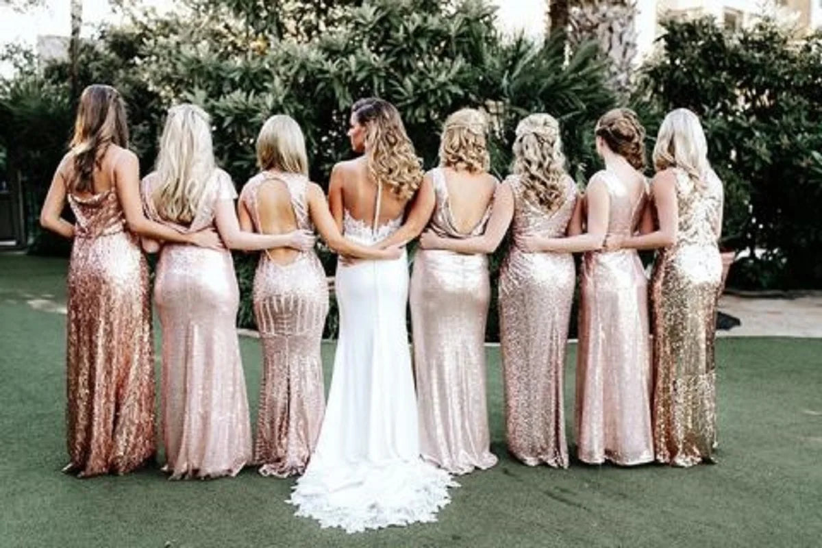 Champagne Sequins Bridesmaid Dresses Mermaid Rose Gold Short Sleeves O Neck Burgundy Summer Formal Wedding Party Guest Gown