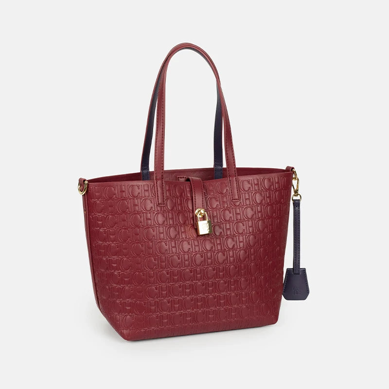 CH Embossed Monogram Tote Handbag Detachable Crossbody Strap Gold Lock Hardware Daily Fashion Women Bag