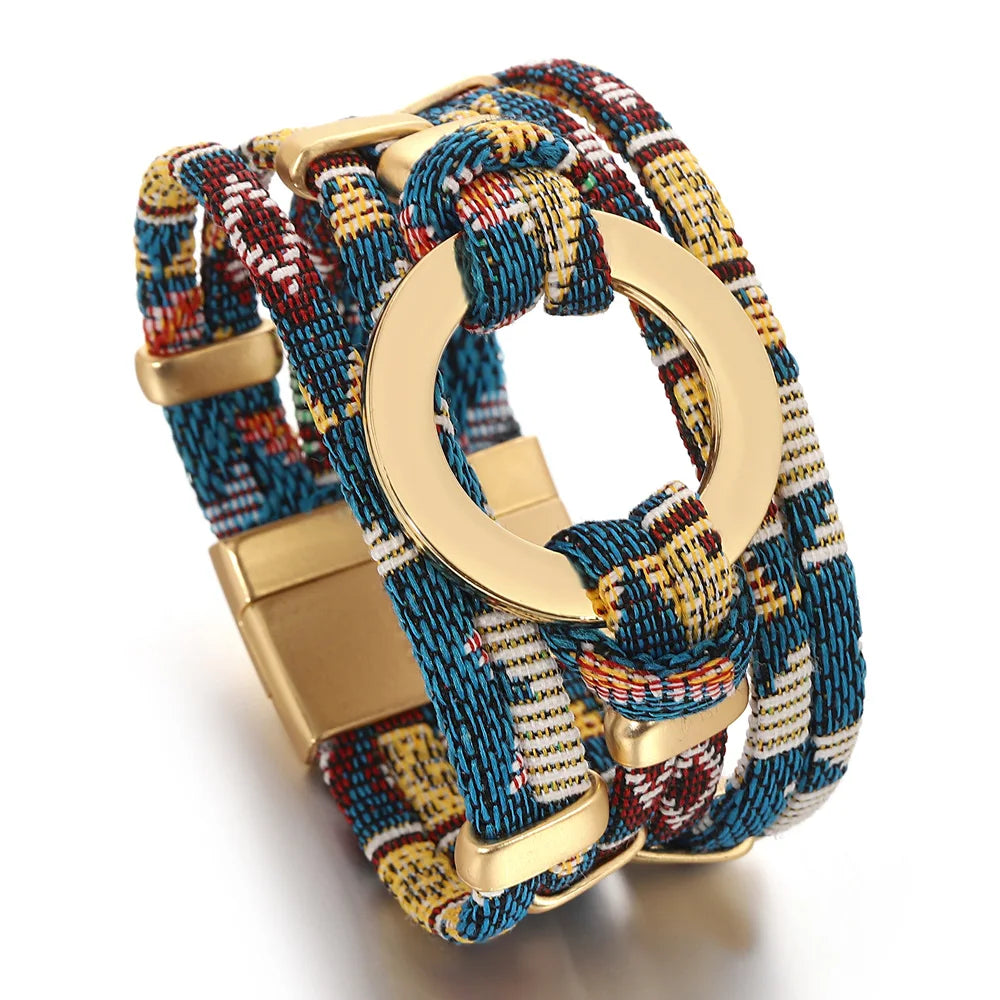 ALLYES Vintage Hollow Round Weave Leather Bracelet for Women Men Ethnic Pattern Multilayer Wrap Wide Bracelets Boho Jewelry