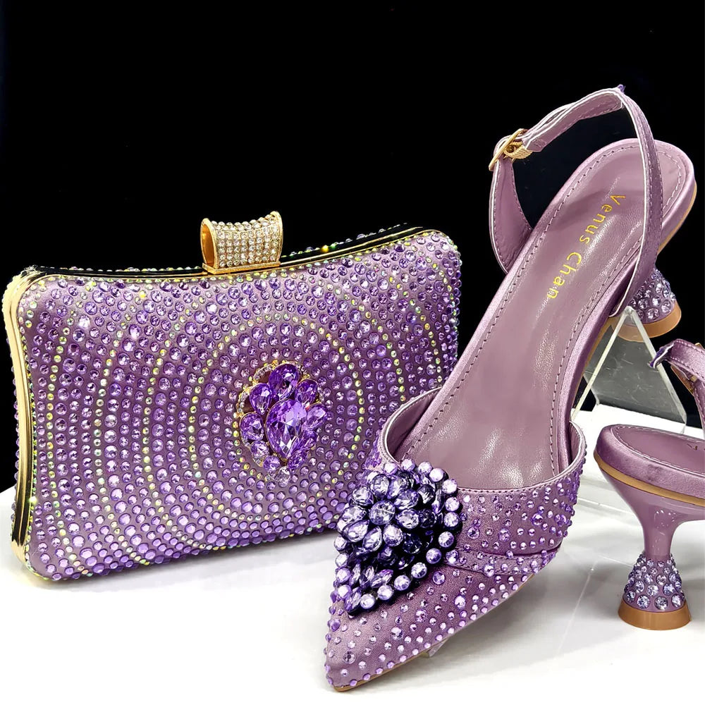 Venus Chan Blue Color Rhinestone Comfortable high heel shoe And Bag Fashion Style Pointed-Toe Shoes For Women Or Commuting Shoes