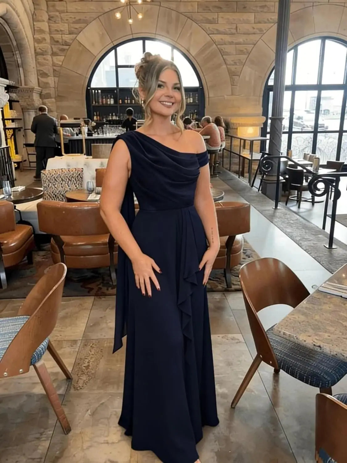 Chiffon One Shoulder Bridesmaid Dresses for Women with Pleated Ruffles A Line Long Formal Dress with Slit