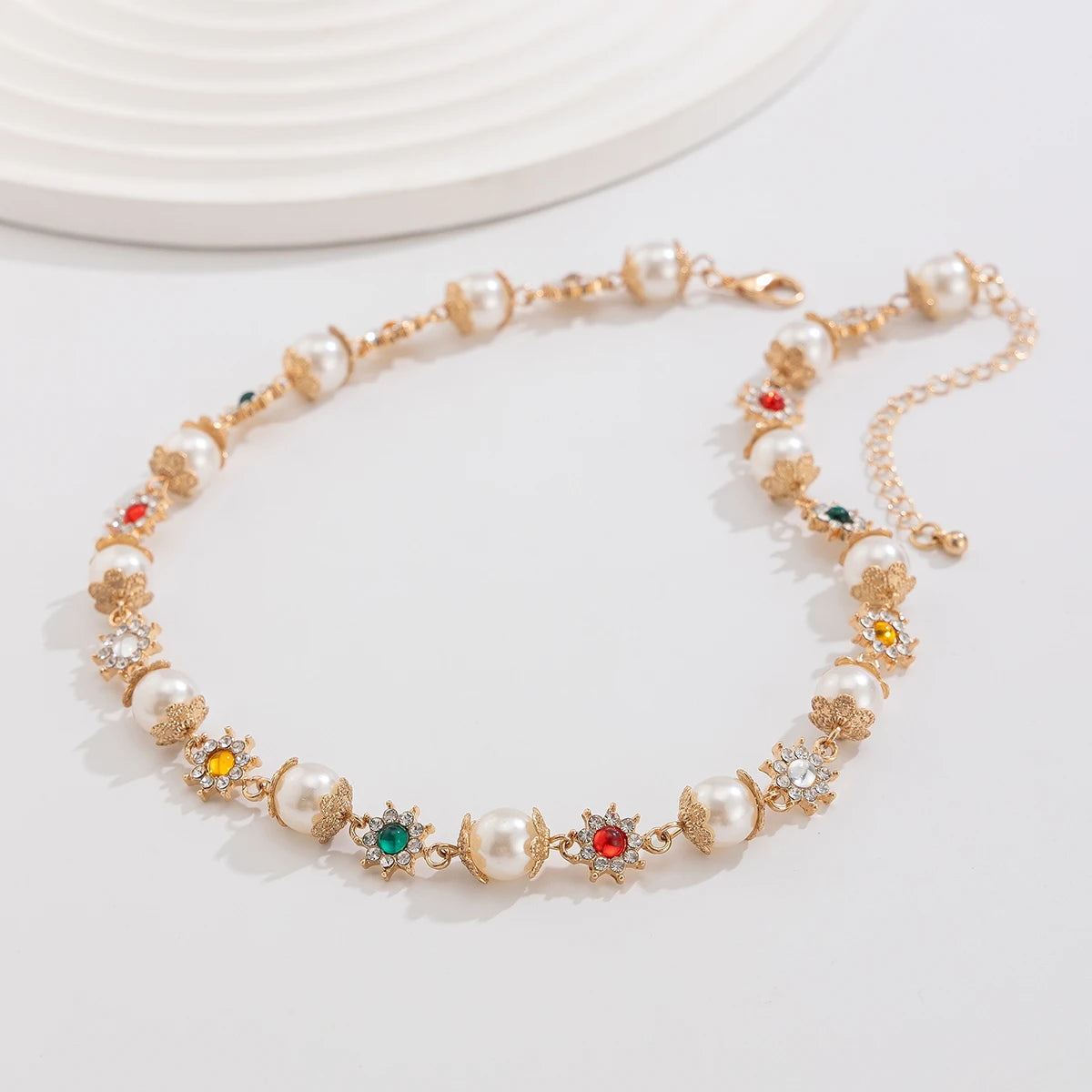 Salircon Luxury Rhinestone Flowers Beads Choker Necklace for Women Elegant Imitation Pearl Clavicle Chain Wedding Party Jewelry