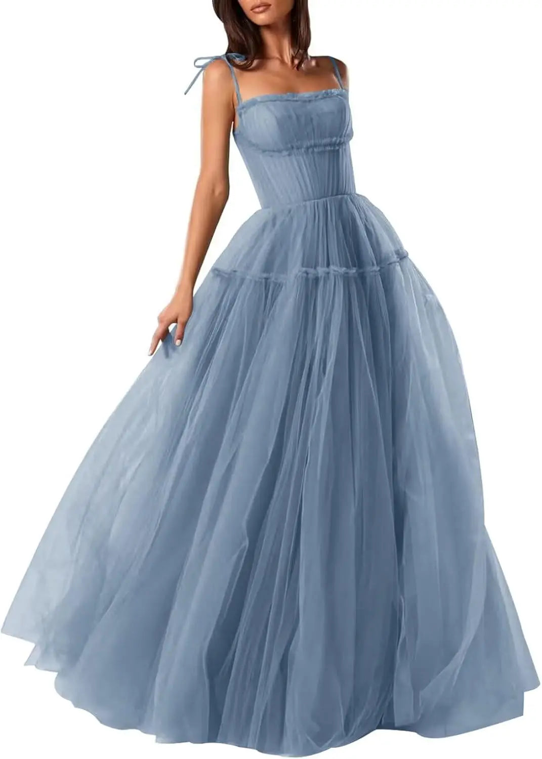Women's Tulle Prom Dresses Spaghetti Straps Bridesmaid Dresses Long A Line Foraml Evening Party Gowns Tiered Fluffy Skirt Dress
