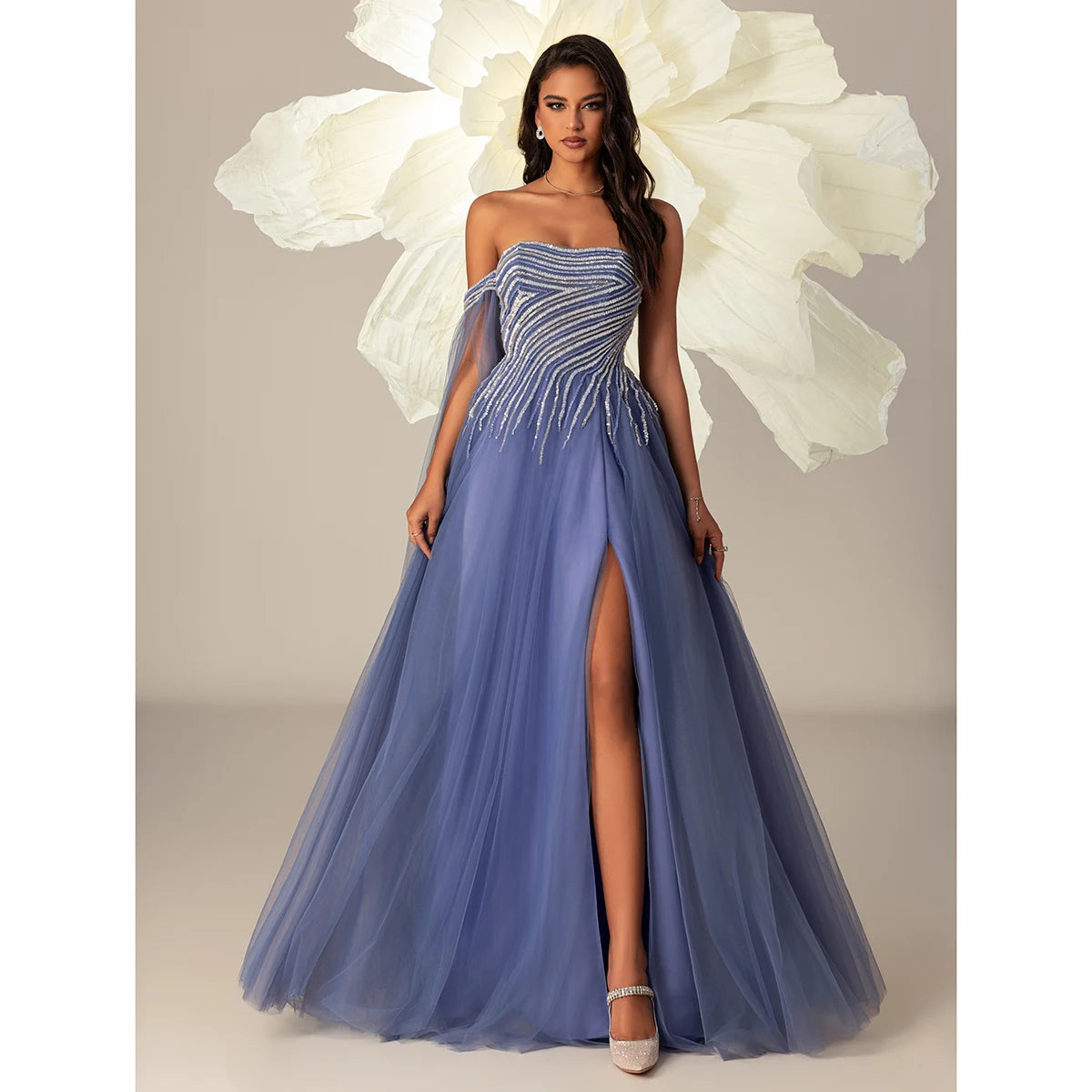 VIPGIRL Women's Dusty Blue Off-Shoulder Beaded Tulle Evening Gown High Slit A-Line Prom Dress