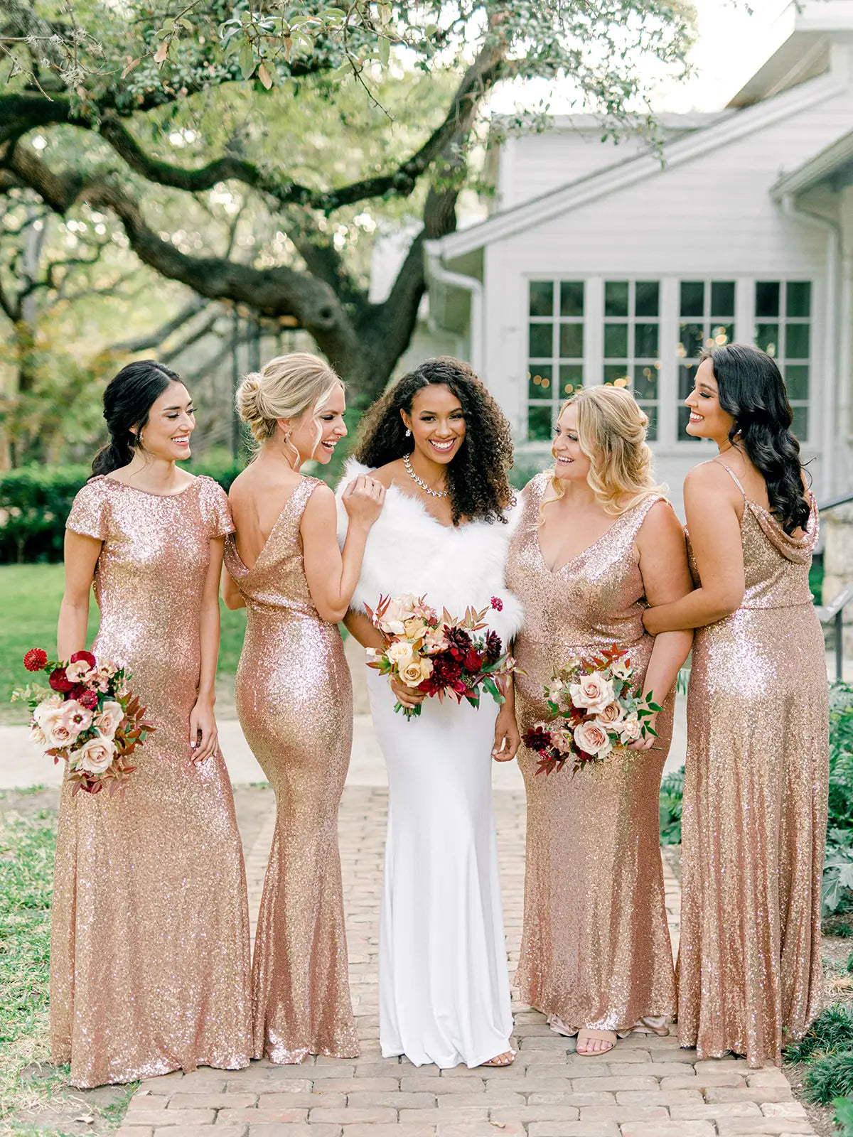 Women Bridesmaid Dresses Formal Wedding Party Guest Gown Mermaid  Sequins Short Sleeves O Neck Backless Rose Gold Champagne