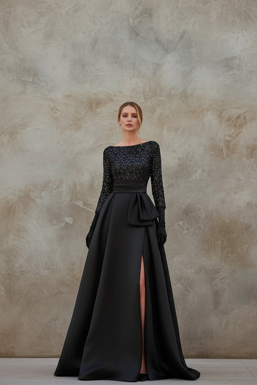 Long Sleeves Mother Of The Bride Dresses For Wedding Sparkly Sequin Ball Gowns Side Slit Satin Formal Party Prom Gown