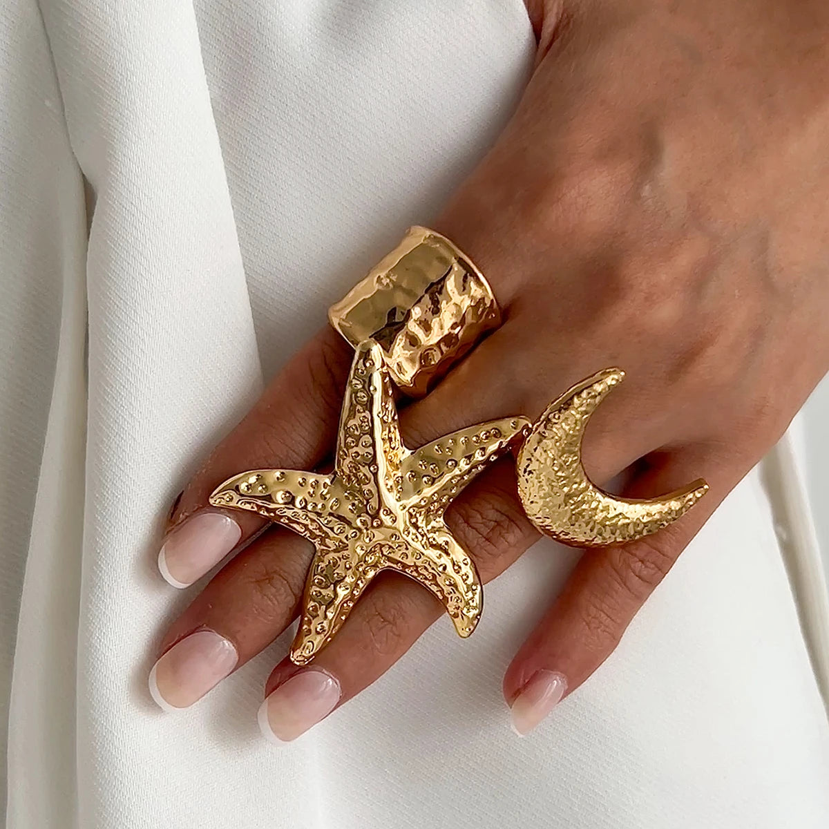 Salircon Exaggerated Vintage Big Starfish Moon Flower Ring for Women Trend Personality Metal Punk Party Finger Ring Jewelry