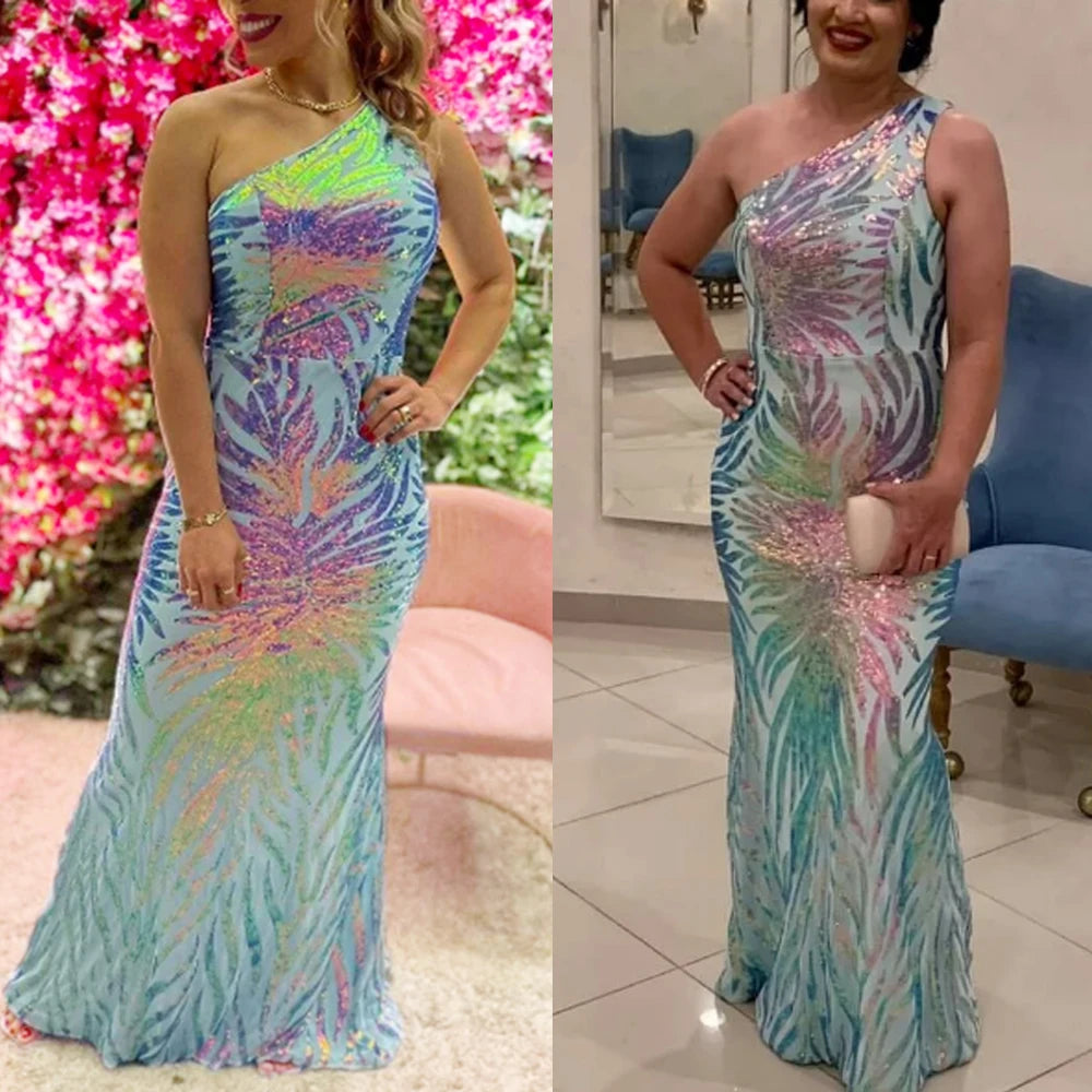 One Shoulder Sleeveless Stretchy Sequined Maxi Dress Evening Prom Night Gown Spring Summer Navy Green