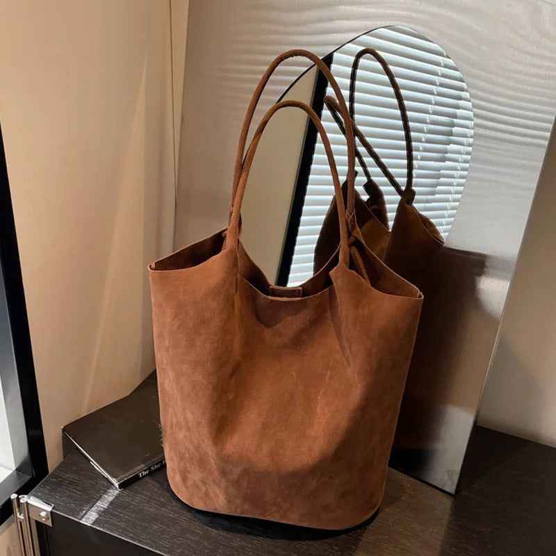 Retro Women's Suede Shoulder Bag New Solid Colors High Capacity Casual Tote Zippered Versatile Sewing Thread for Crafting