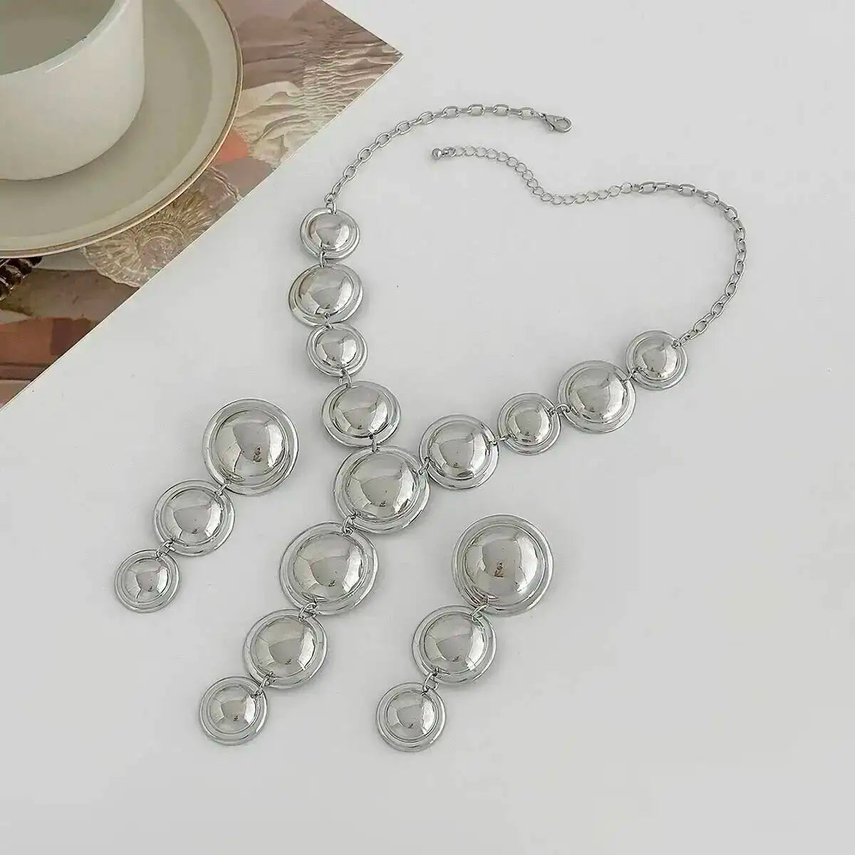 KunJoe Luxury Glossy Round Pendant Necklace Drop Earrings Jewelry Set for Women Elegant Sexy Y-Shaped Long Chain Necklace Gifts