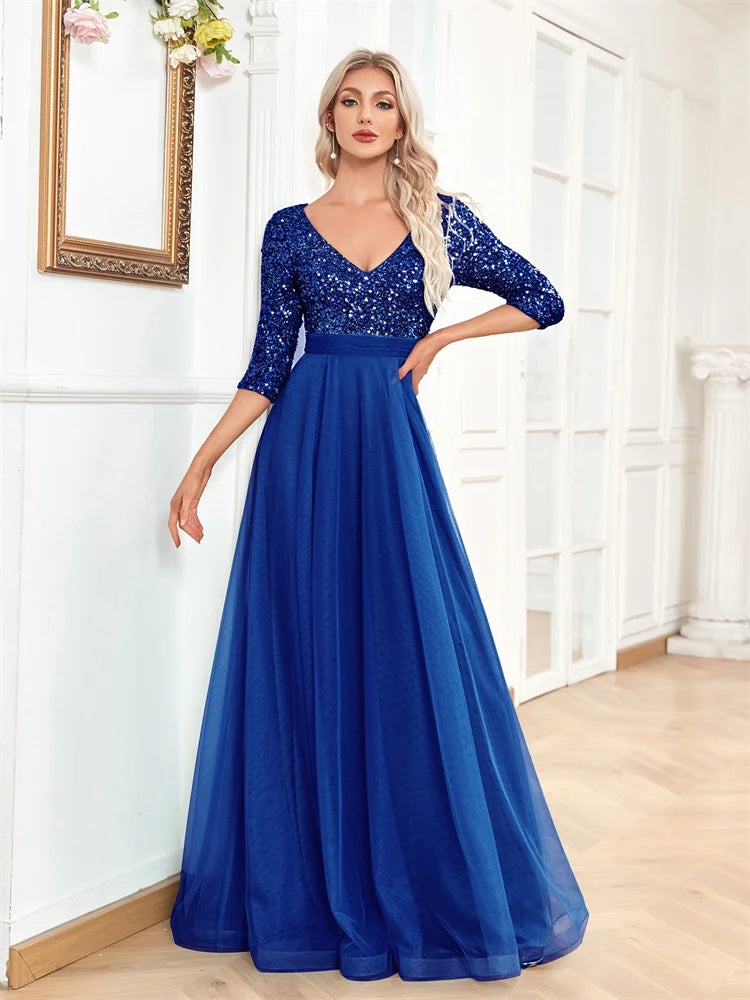 Luxury Floor Length V-Neck Tulle Evening Dress