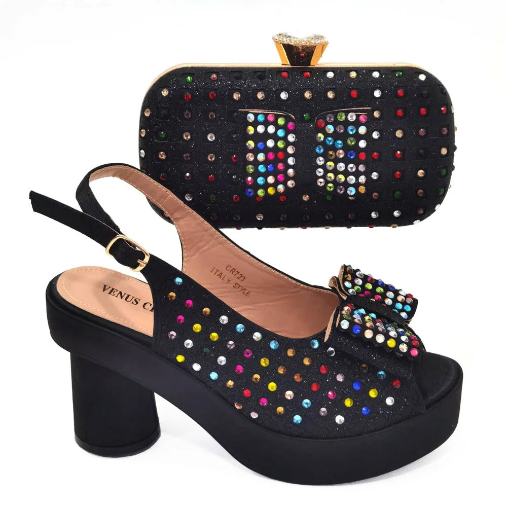 2024 Gold Party Shoe and Bag for Wedding Italy Style Matching Shoes and Purse Set for Bride Bridal High Heels Sandals Bag