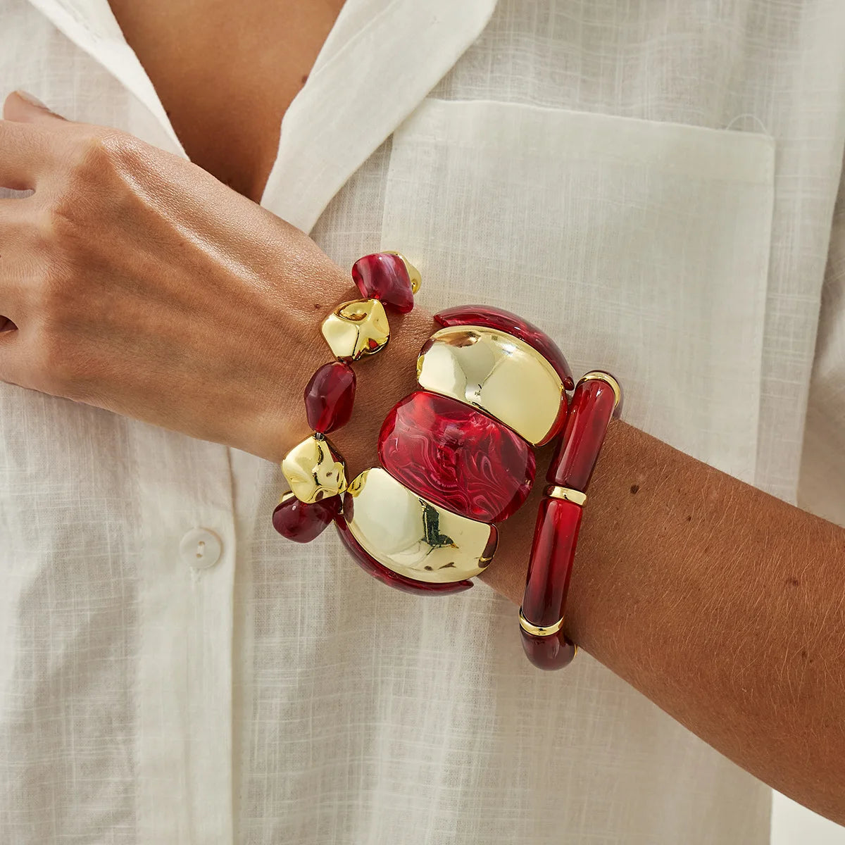 Salircon 6 Style Vintage Red Resin Acrylic Bracelets for Women Punk Splice Metal Tube Beaded Handmade Bangles Aesthetics Jewelry