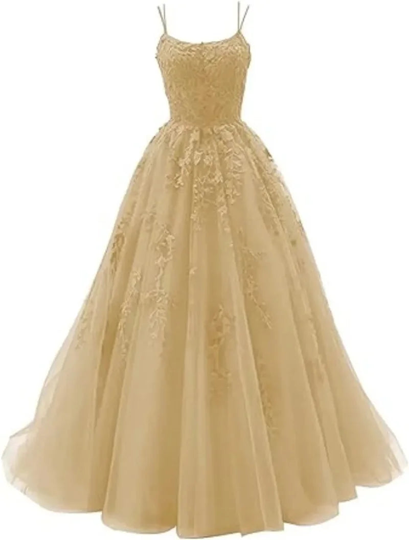 Tulle Spaghetti Straps Prom Dresses Long Lace Appliques Ball Gowns for Women