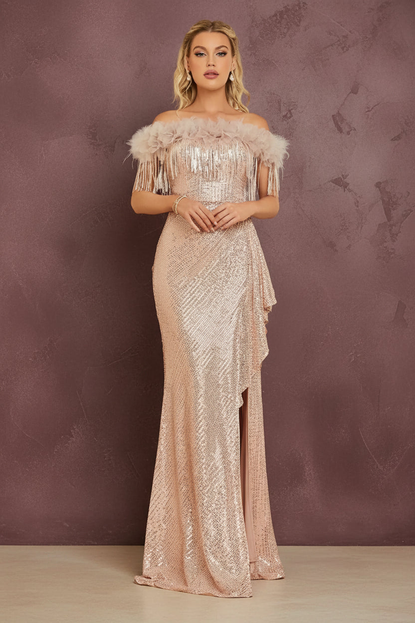 Mgiacy Line neck three-dimensional floral sequin fringe irregular flanged high split fishtail dress Evening gown