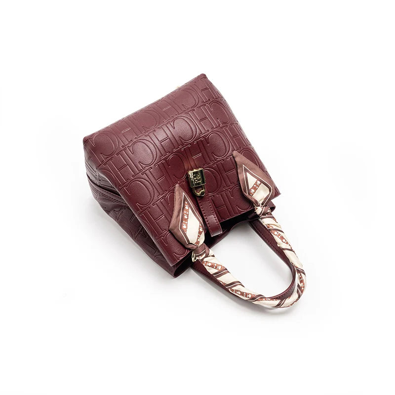 CH New Tote Bag Embossed Logo Silk Scarf Decor Lock Buckle Burgundy Fashion Women Casual Daily Handbag