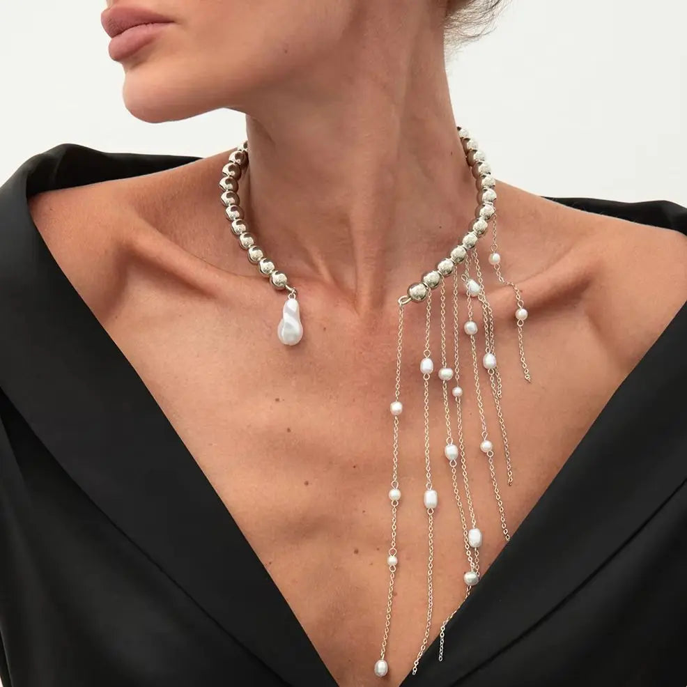 Salircon Exquisite Imitation Pearl Tassels Open Choker Necklace Women Fashion Long Tassel CCB Beads Clavicle Chain Jewelry 2025
