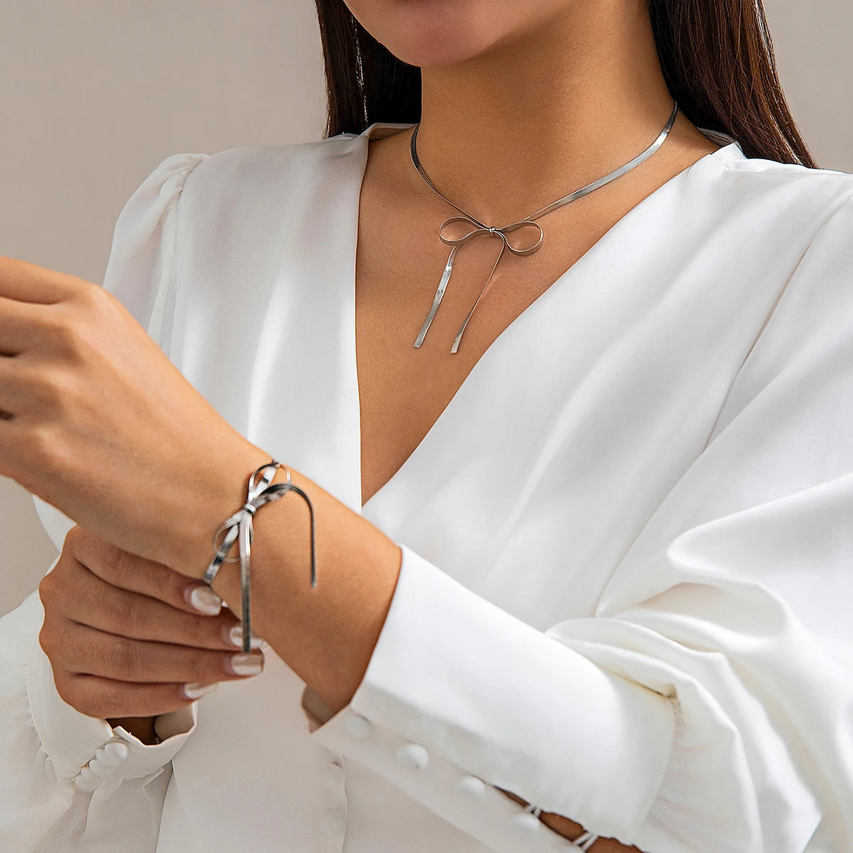Salircon Punk Flat Snake Chain Short Necklace Vintage Creative Bow Pendant Choker Necklace Women's Aesthetic Banquet Jewelry