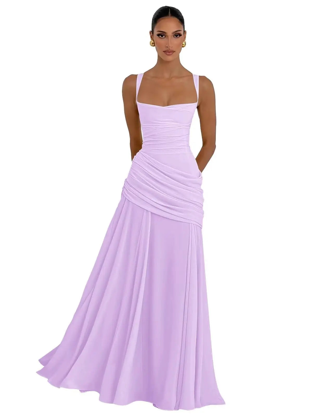 Elegant Chiffon Prom Dresses for Women Spaghetti Straps Long Bridesmaid Dress Square Neck Formal Evening Party Gowns