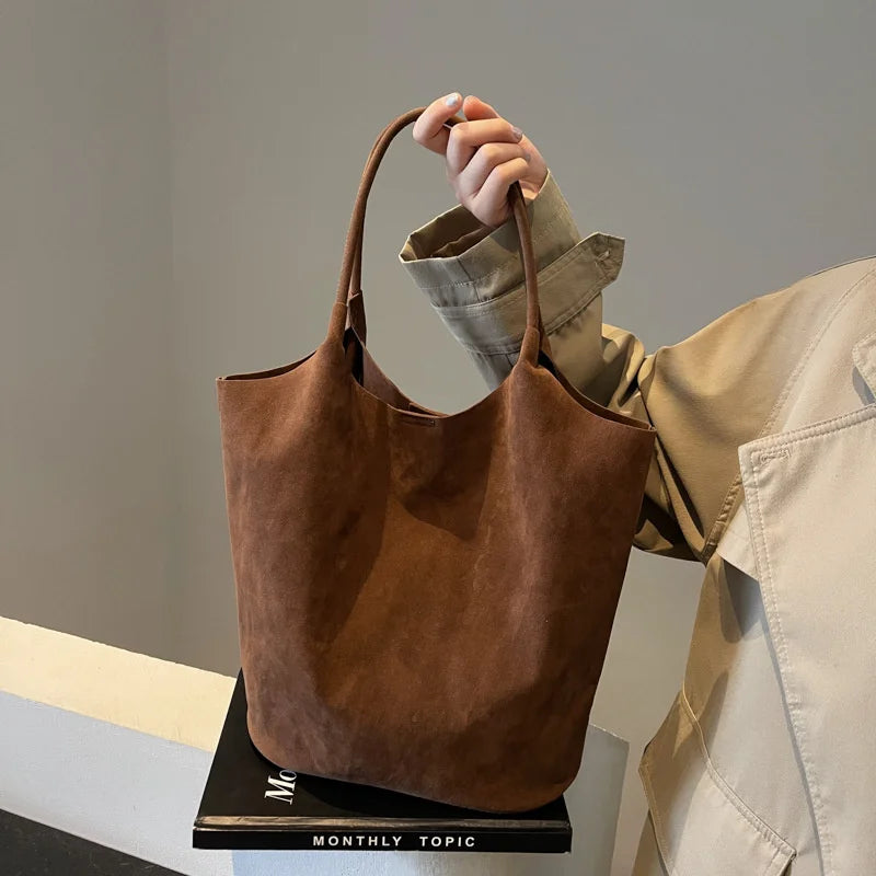 Retro Women's Suede Shoulder Bag New Solid Colors High Capacity Casual Tote Zippered Versatile Sewing Thread for Crafting