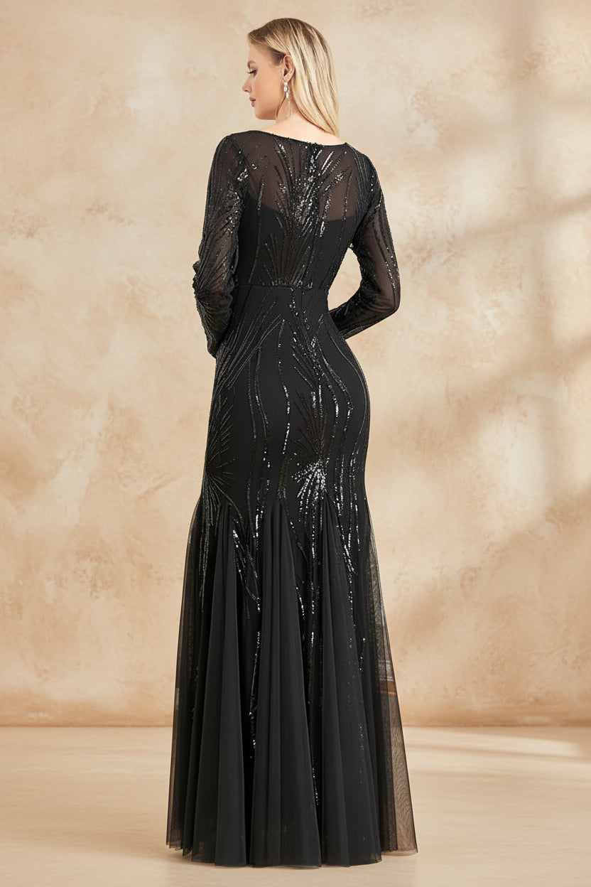 Elegant Long Sleeves Black Sequins Evening Dresses 2025 Women Mermaid Formal Party Maxi Prom Dress Cocktail Graduation Gowns
