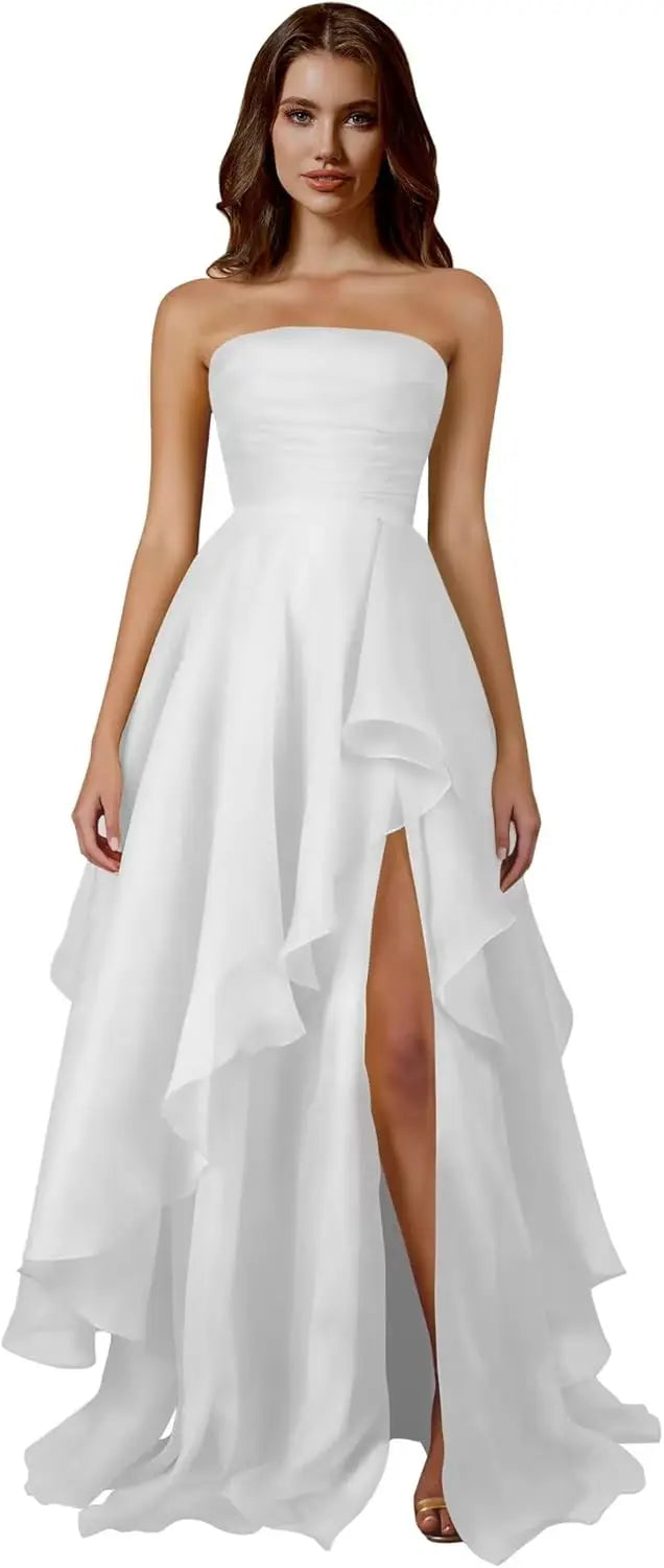 Strapless Tiered Prom Dresses Long Ruffle Tulle A Line Evening Ball Gown Dresses with Slit