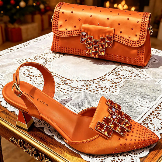 Chic Orange Rhinestone High Heels with Matching Handbag - Elegant Pointed-Toe Women's Shoes Perfect for Parties