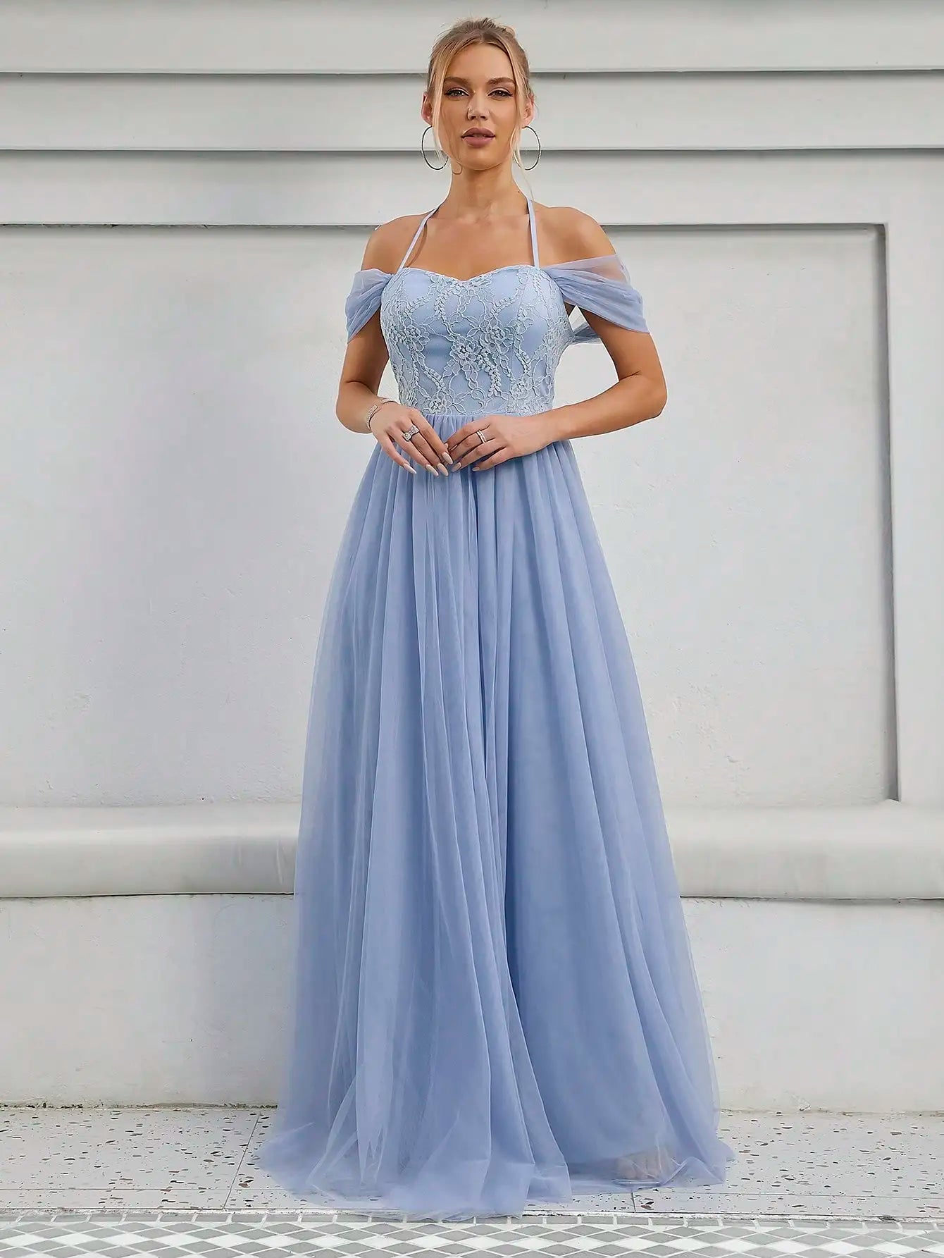 MGIACY    line neck back lace lace mesh pleated bridal gown