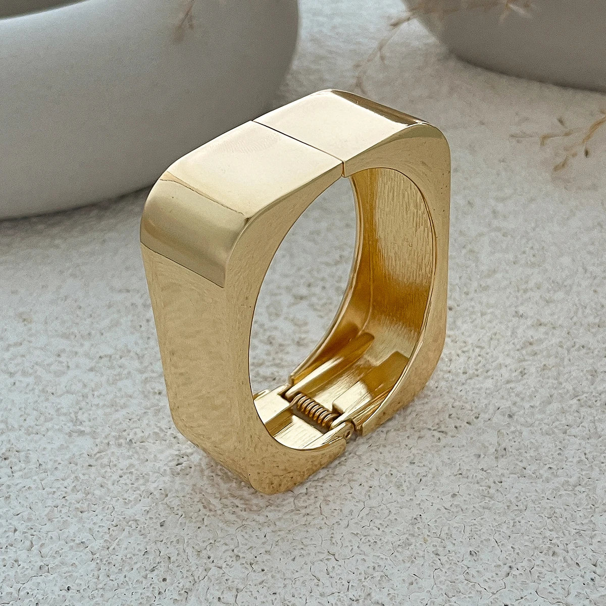 Salircon Trendy Simple Geometric Smooth Wide Spring Bangles for Women Double Layer Curved Metal Bracelet Ladies Party Jewelry